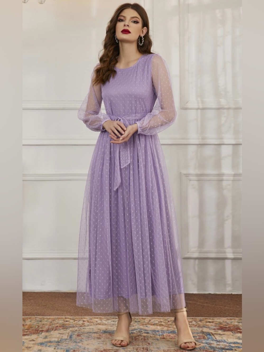 3/$30 Sale! SHEIN Lavender Polka Dot Mesh Long Bishop Sleeve Maxi Dress Medium